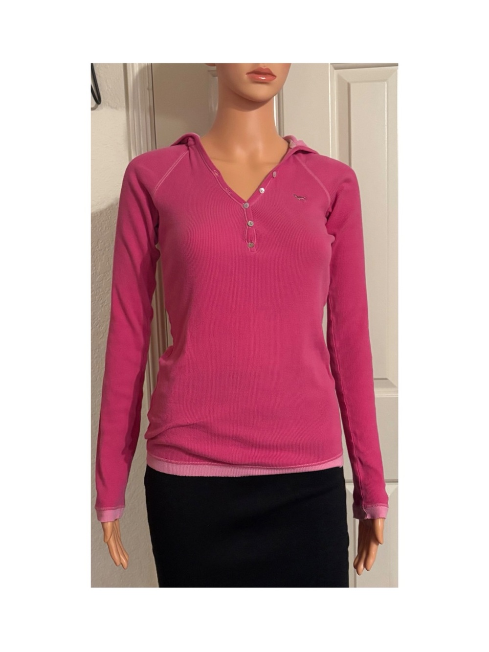 PINK Victoria's Secret Hot Pink Hooded Henley Long Sleeve Top